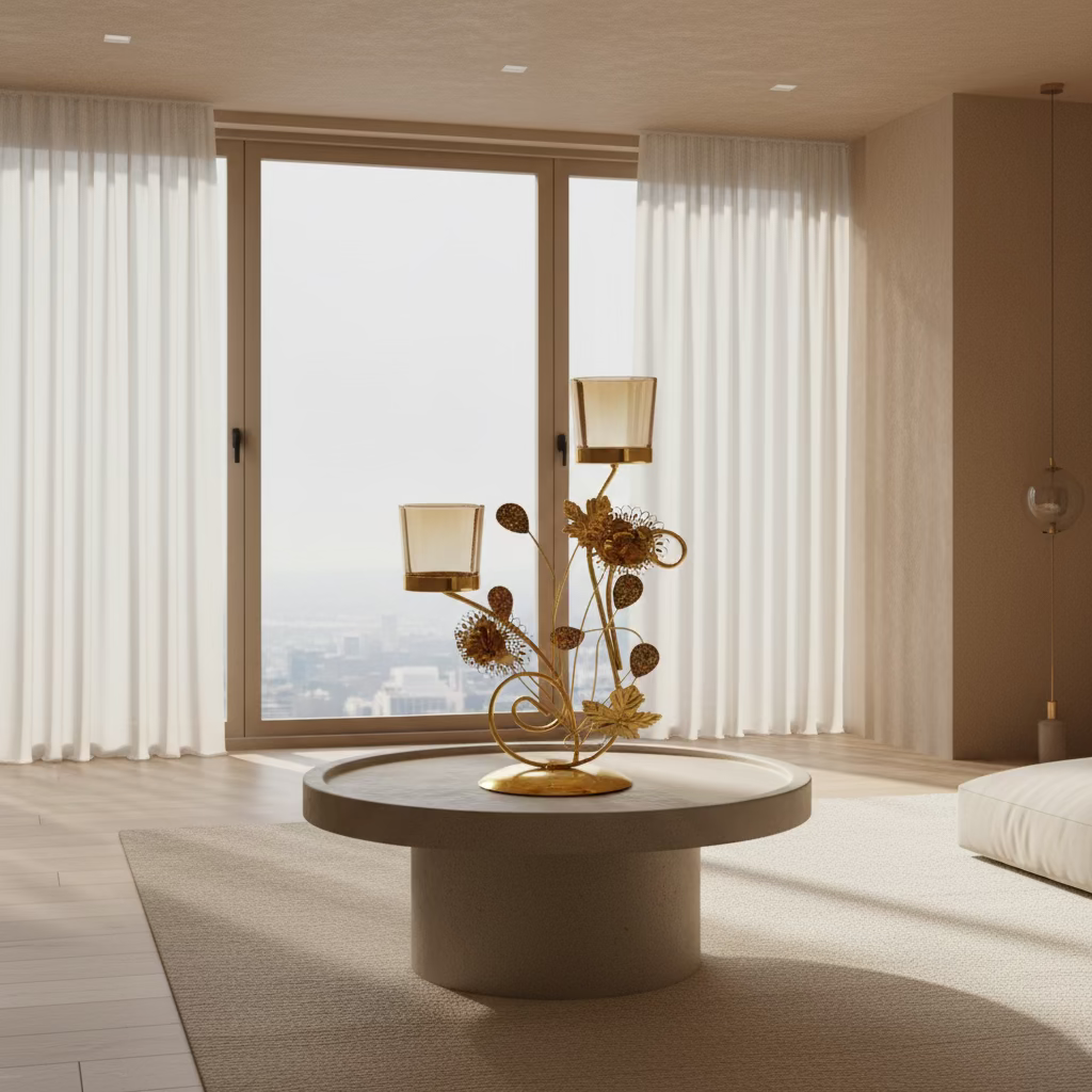 Elegant Golden Metal Candle Holder – Decorative Tabletop Stand