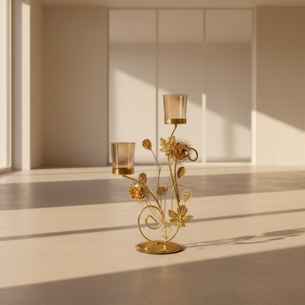 Elegant Golden Metal Candle Holder – Decorative Tabletop Stand