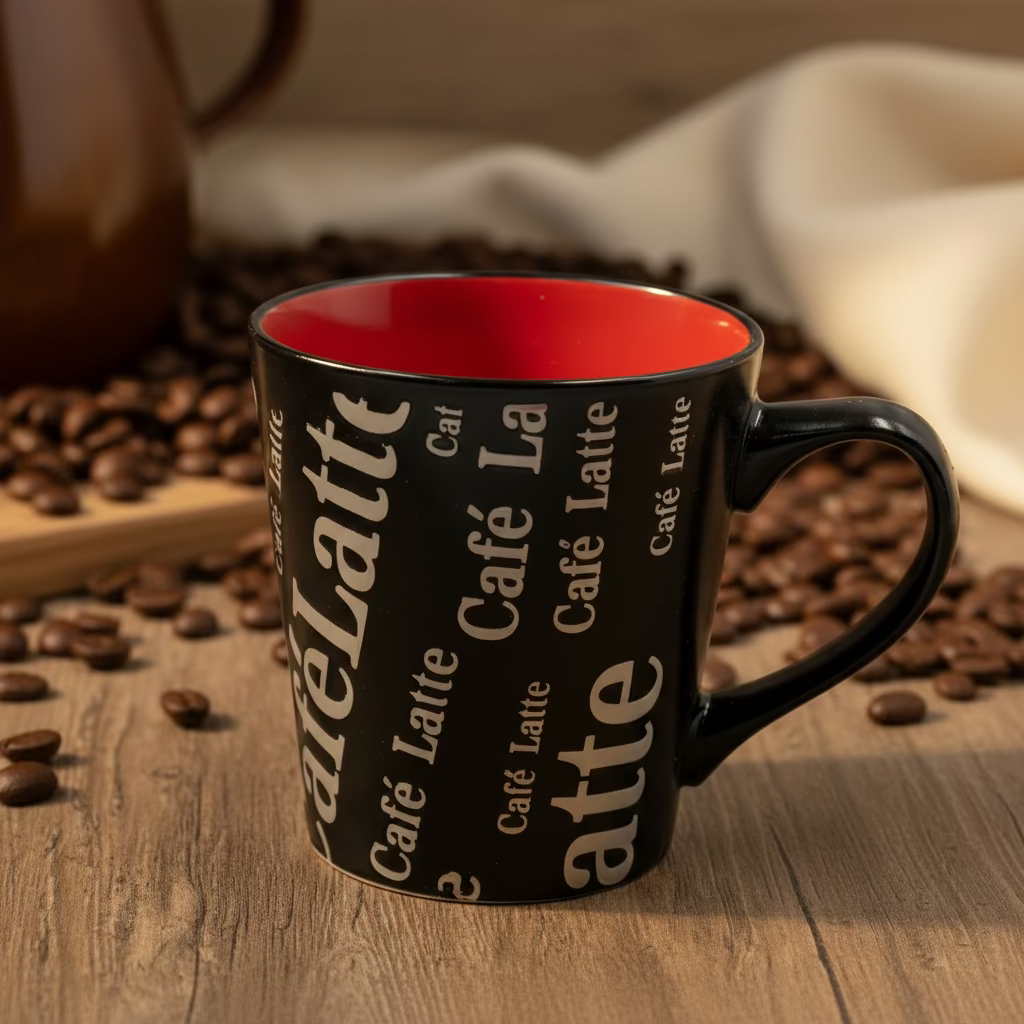 كوب سيراميك كافيه لاتيه - أسود أملس مع تصميم داخلي أحمر نابض بالحياة