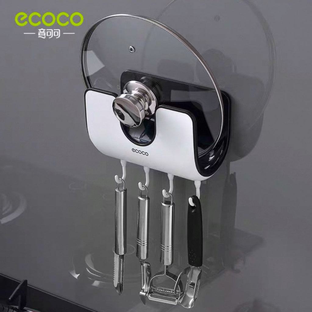 Ecoco Waterproof Punch-free Wall-mounted Pot Lid Rack With Four Hooks For Kitchen