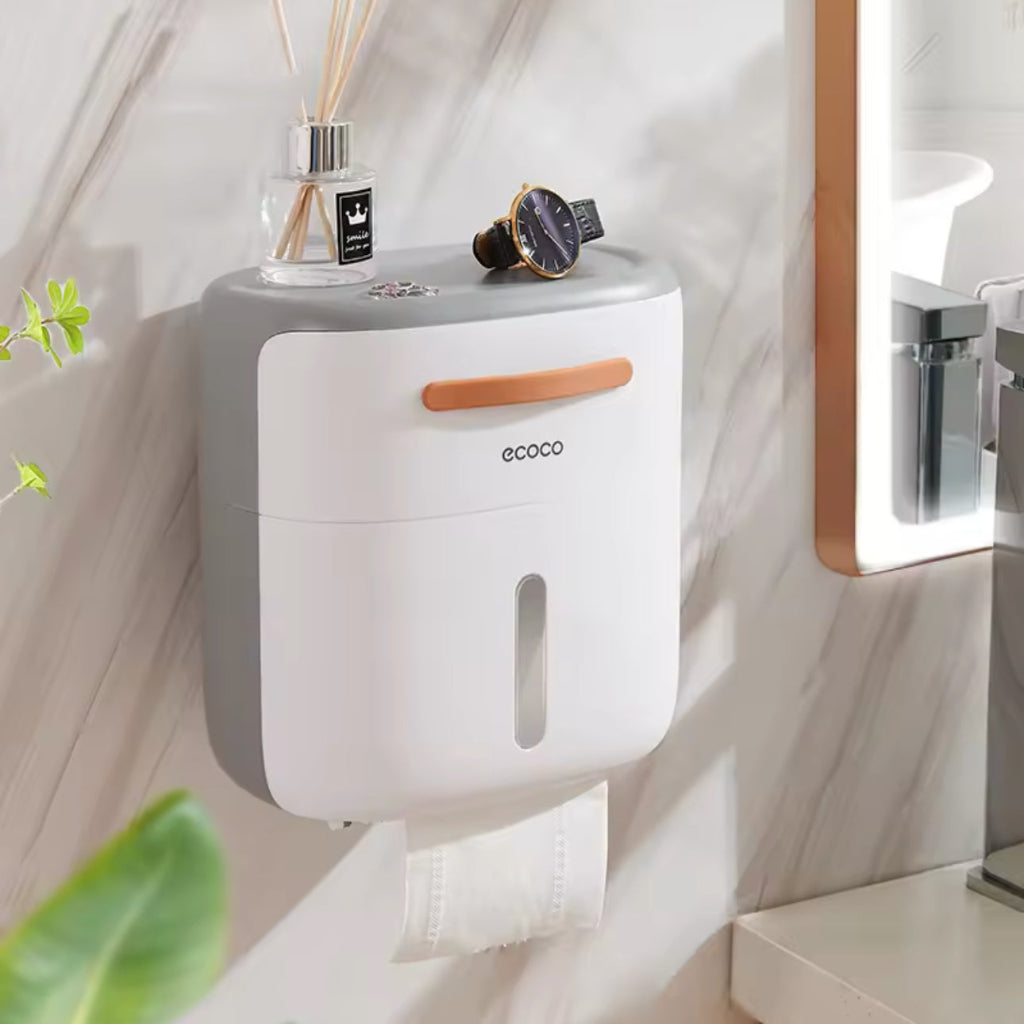 Ecoco Double-Layer Wall-Mounted Toilet Paper Holder โ Waterproof Tissue Storage Box