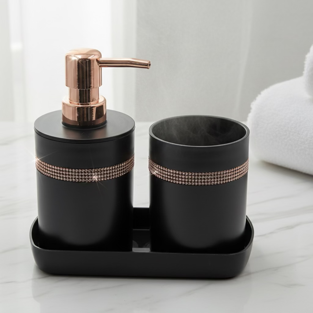 1 set of 3pcs bathroom toiletry set including a lotion bottle holder, toothbrush cup, and tray