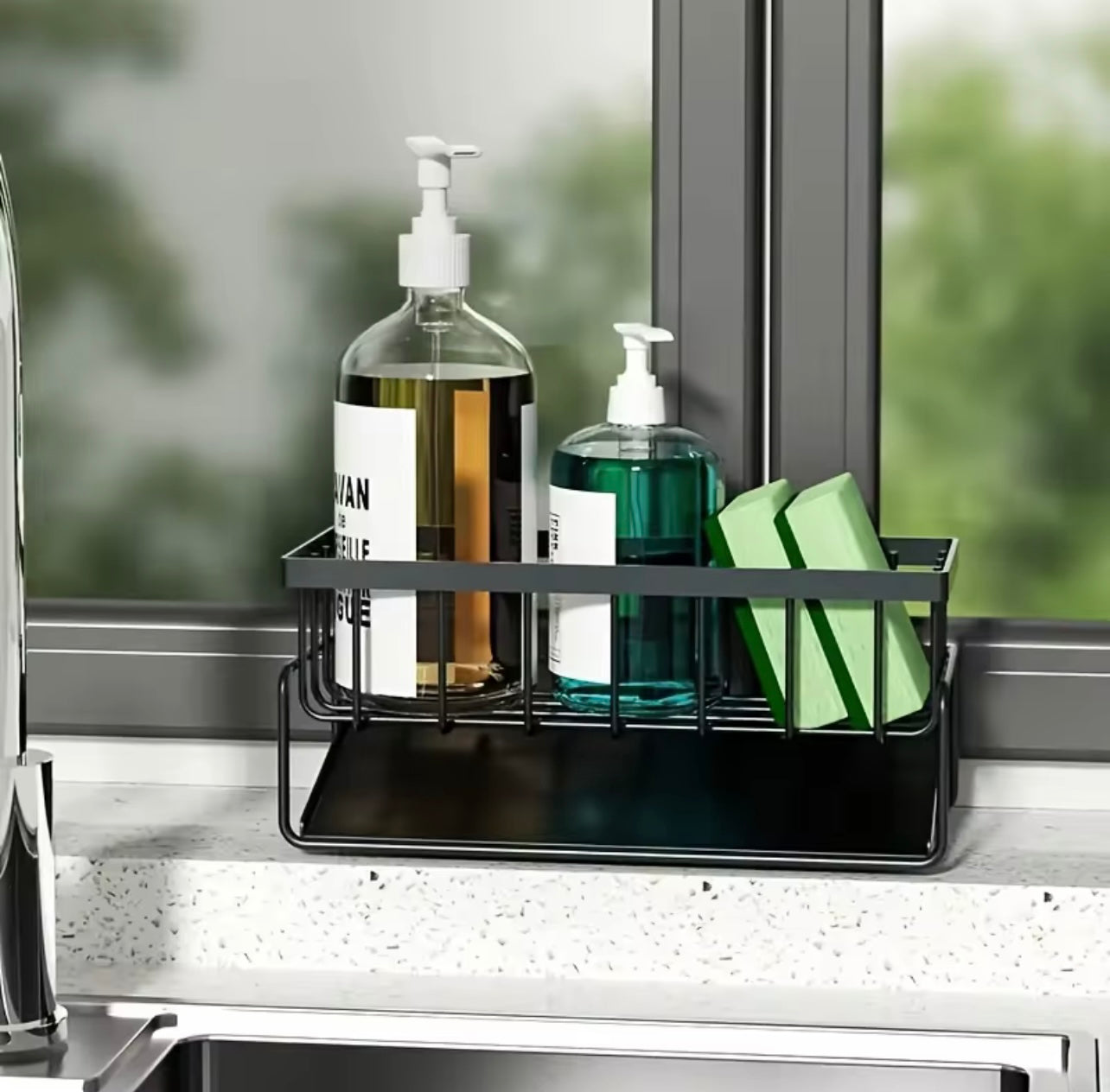 Multifunctional Countertop Sink Organizer – Sponge Holder, Dish Rack & Bottle Shelf