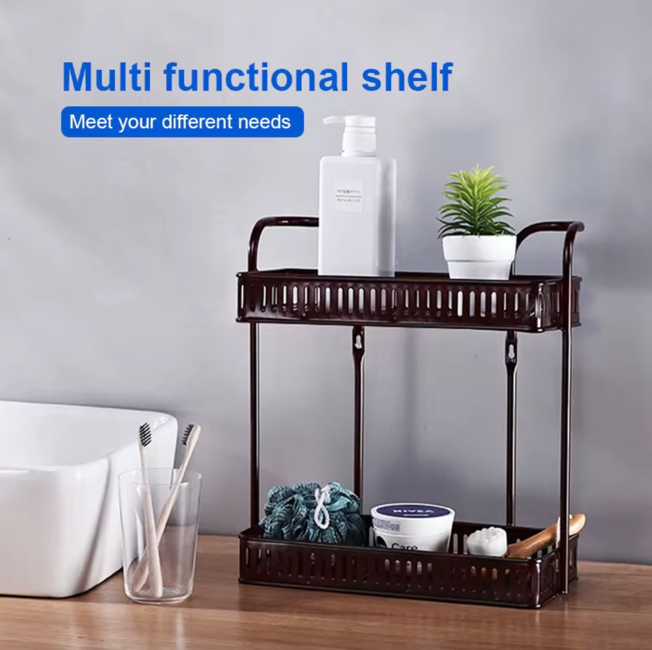 2 Tiers Shower Basket Shelf Wall Mounted Detachable Bathroom Rack Kitchen Spice Basket