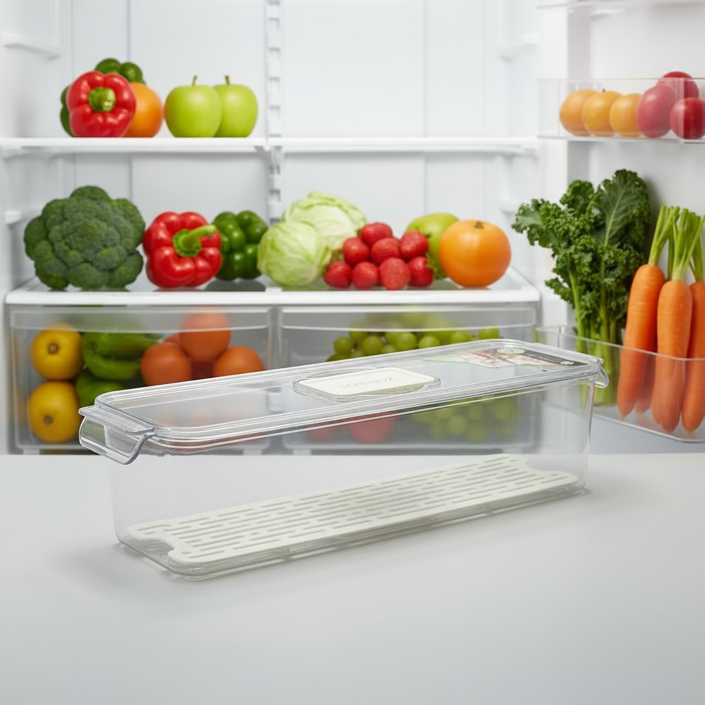 Acrylic Rectangle Food Storage Box – Transparent Kitchen Organizer with Sealed Lid & Drainage Plate