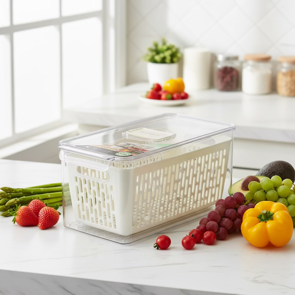 Acrylic Food Storage Box with Plastic Lid & Drainage Plate – Transparent White