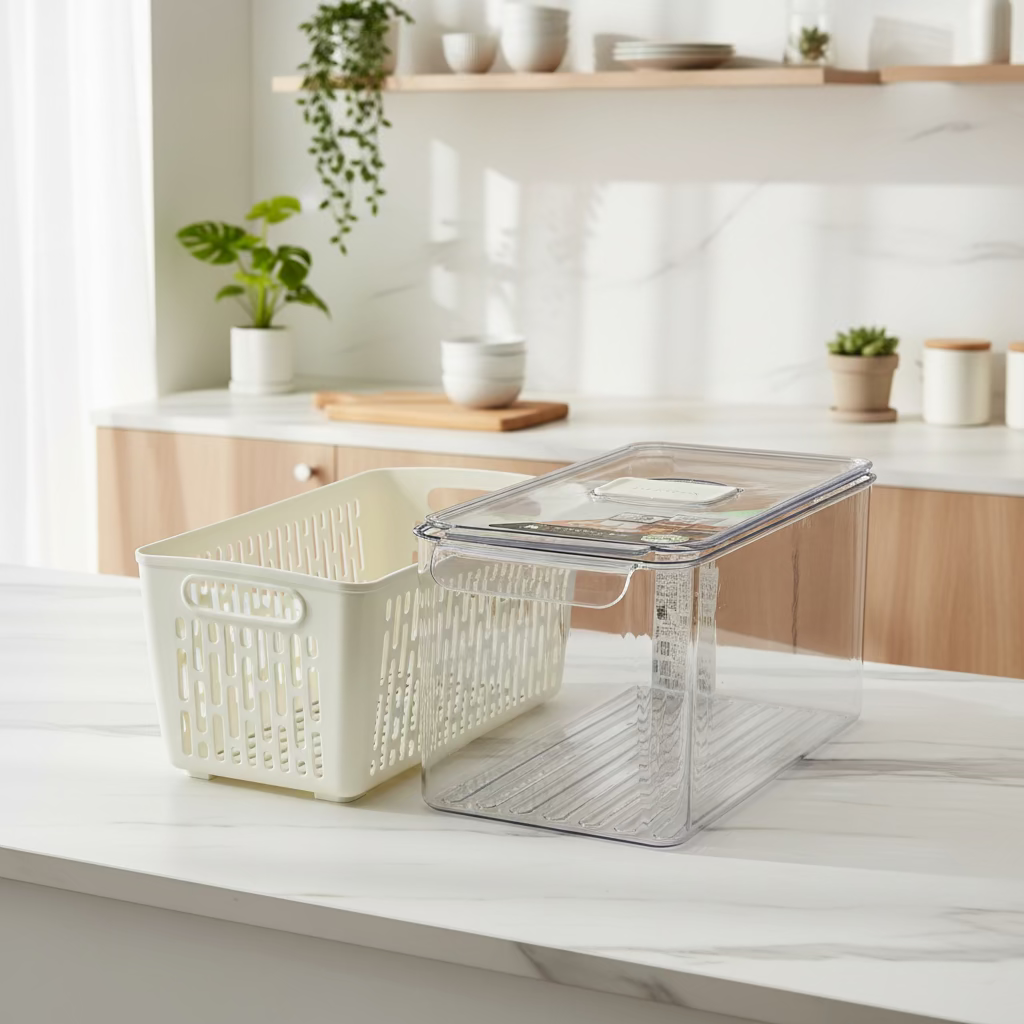 Acrylic Food Storage Box with Plastic Lid & Drainage Plate – Transparent White