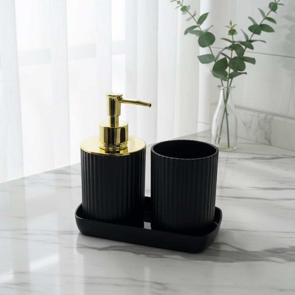 3-Piece Bathroom Toiletry Set – Lotion Bottle Holder, Toothbrush Cup & Tray