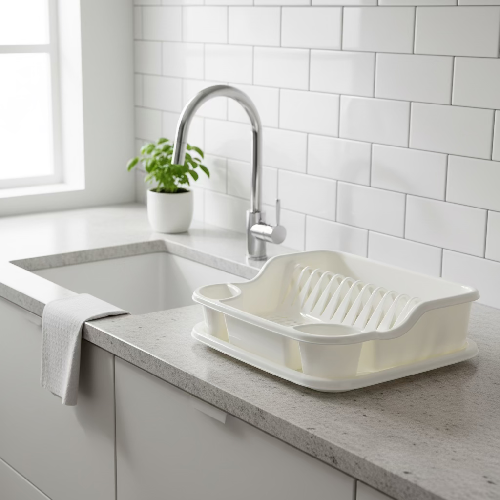 Space-Saving Kitchen Storage Box with Utensil Holder & Drip Tray โ White & Grey Plastic Dish Rack