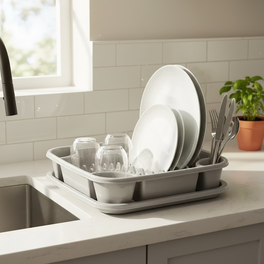 Space-Saving Kitchen Storage Box with Utensil Holder & Drip Tray – White & Grey Plastic Dish Rack
