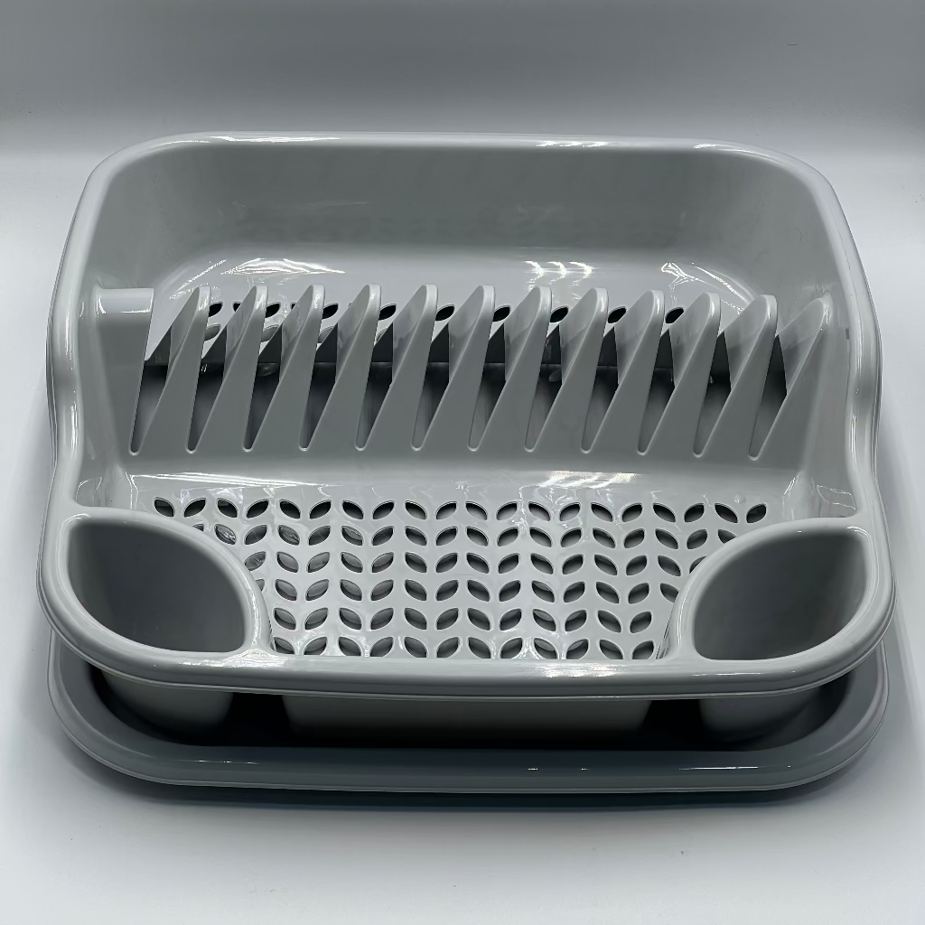 Space-Saving Kitchen Storage Box with Utensil Holder & Drip Tray โ White & Grey Plastic Dish Rack