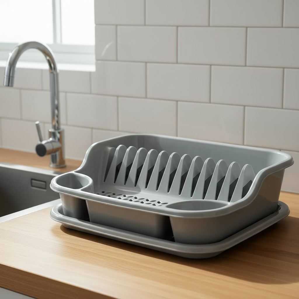 Space-Saving Kitchen Storage Box with Utensil Holder & Drip Tray โ White & Grey Plastic Dish Rack