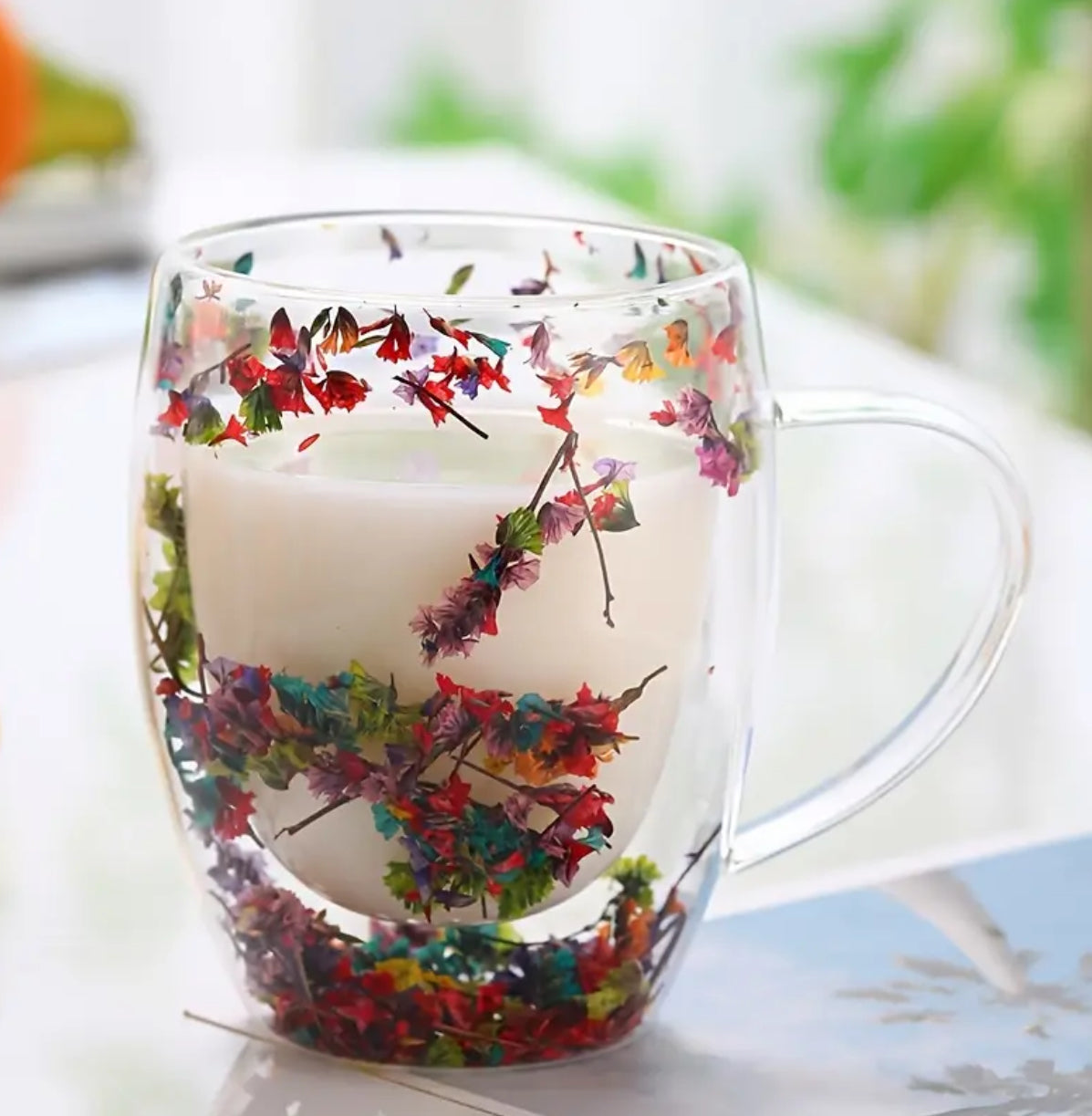 كوب زجاجي مزدوج الطبقة على شكل زهرة صناعية – كوب ماء معزول إبداعي سعة 350 مل
