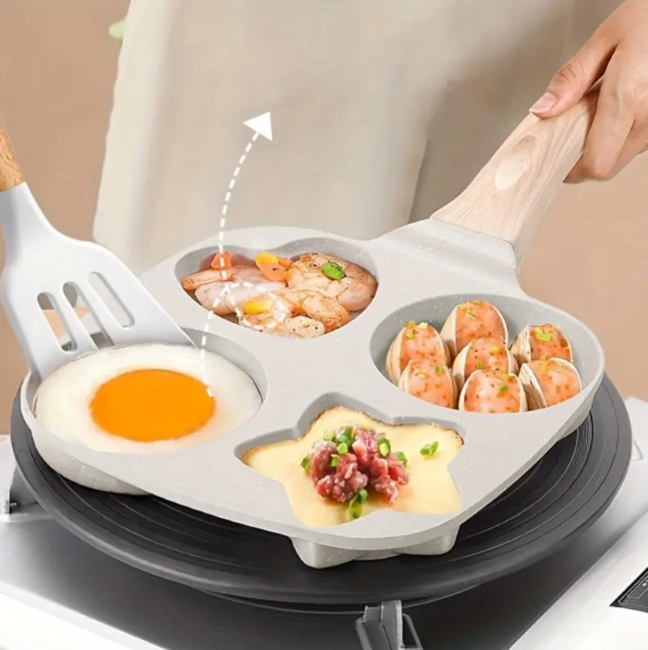 مقلاة غير لاصقة من الحديد الزهر مع 4 فتحات - مثالية للبيض والفطائر..