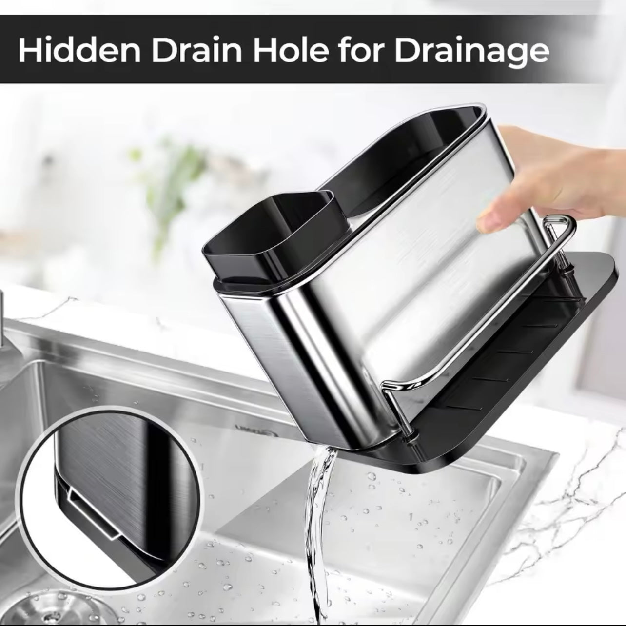 رف تخزين المطبخ من الفولاذ المقاوم للصدأ - موزع المنظفات وحامل الإسفنج ورف الأواني مع صينية الصرف