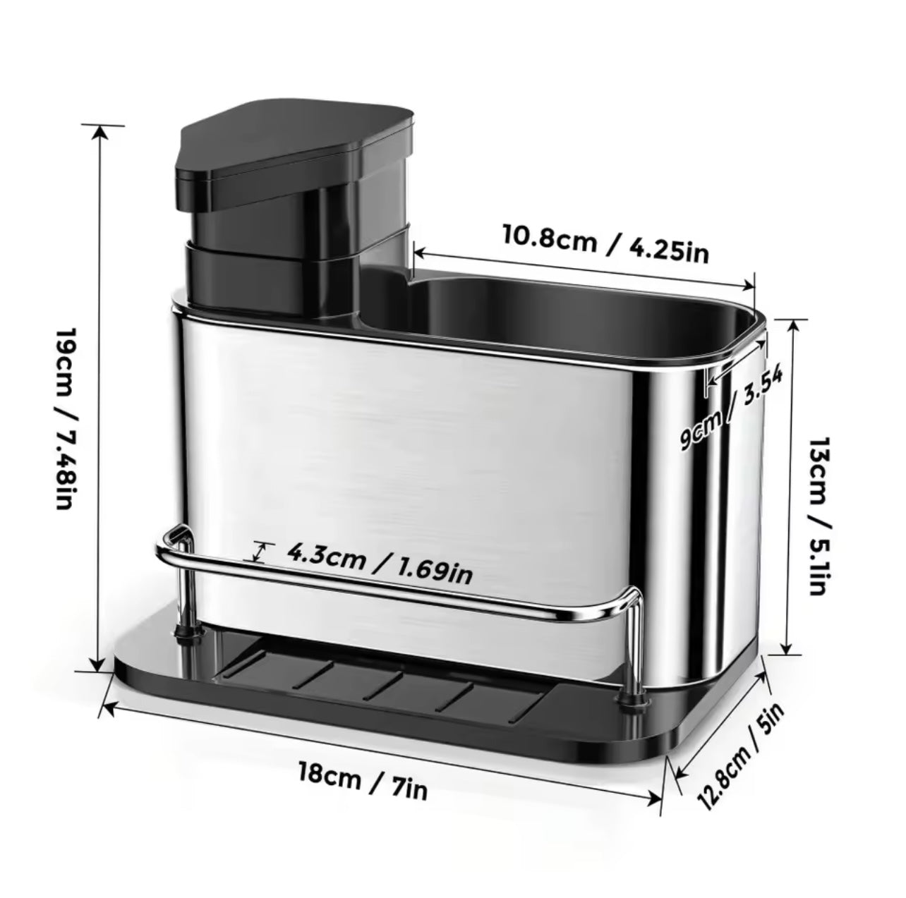 رف تخزين المطبخ من الفولاذ المقاوم للصدأ - موزع المنظفات وحامل الإسفنج ورف الأواني مع صينية الصرف