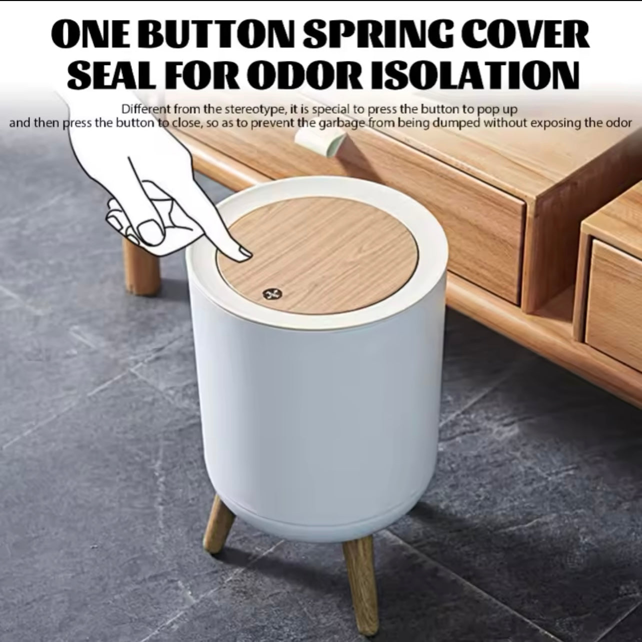 Large Capacity High-Top Wooden-Textured Trash Can โ Odor-Sealing Cylindrical Dustbin with Press-Top Lid