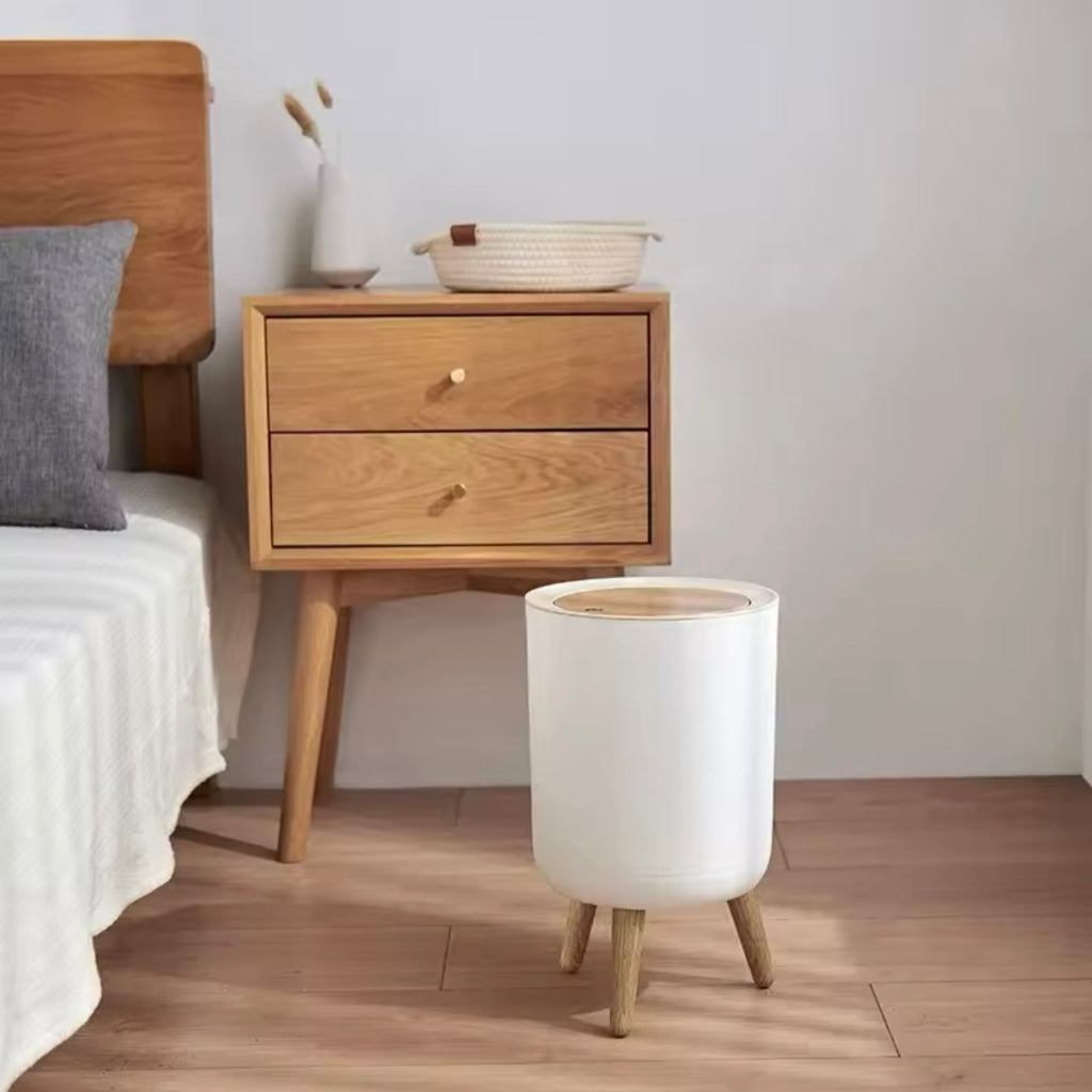 Large Capacity High-Top Wooden-Textured Trash Can โ Odor-Sealing Cylindrical Dustbin with Press-Top Lid