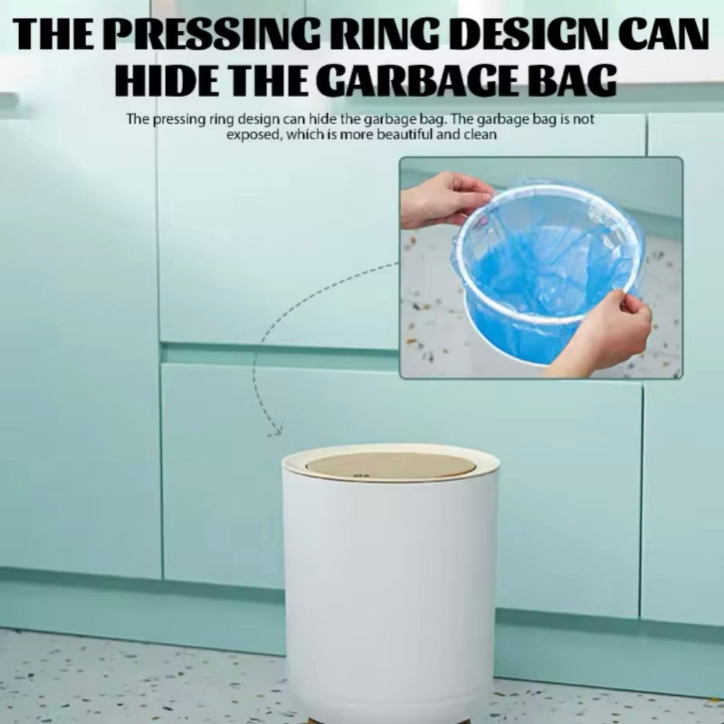 سلة مهملات ذات ملمس خشبي عالي السعة ذات سعة كبيرة - سلة قمامة أسطوانية مانعة للرائحة مع غطاء يمكن الضغط عليه من الأعلى