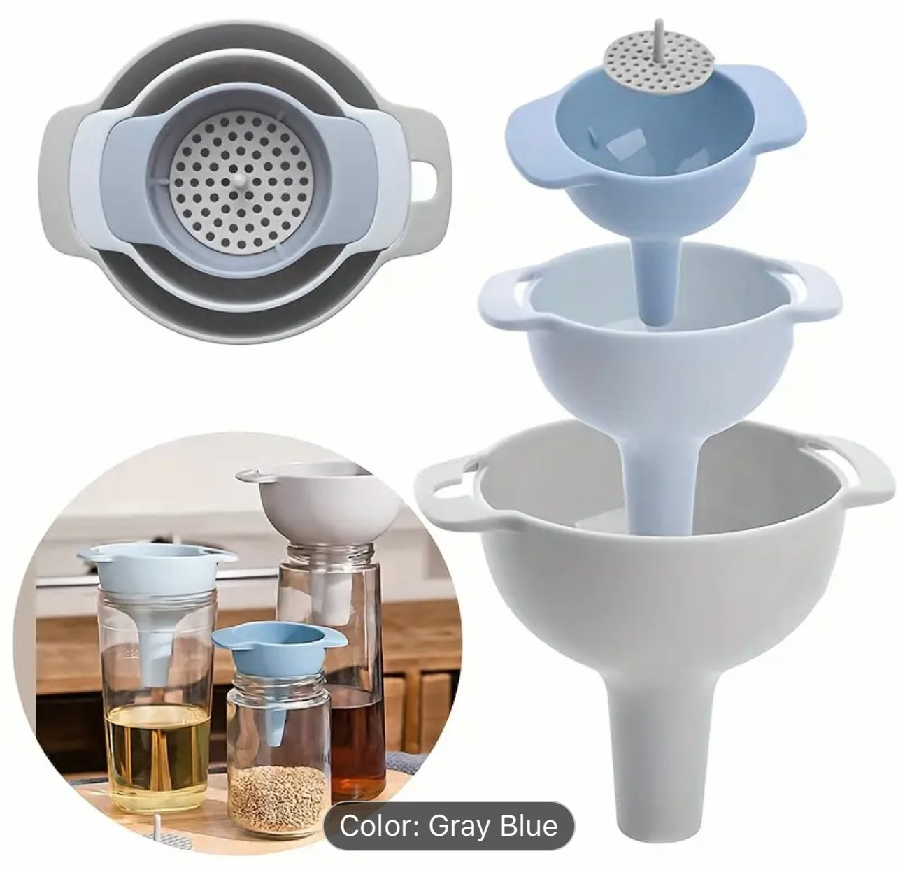 1-Set Kitchen Funnel Kit β 3 Funnels with Detachable Filter