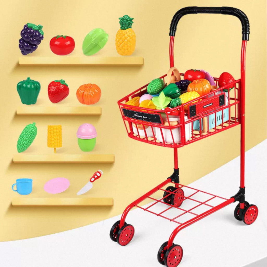 Kids Metal Shopping Trolley with Toys – Durable Pretend Play Set