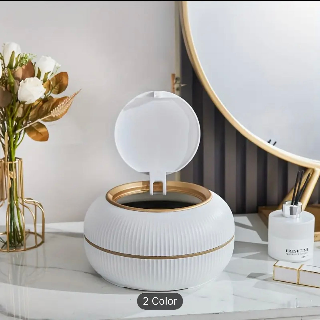 3L Cute Trash Can with Lid – Push-Open Oval Design, Durable Plastic Desk & Bedroom Dustbin