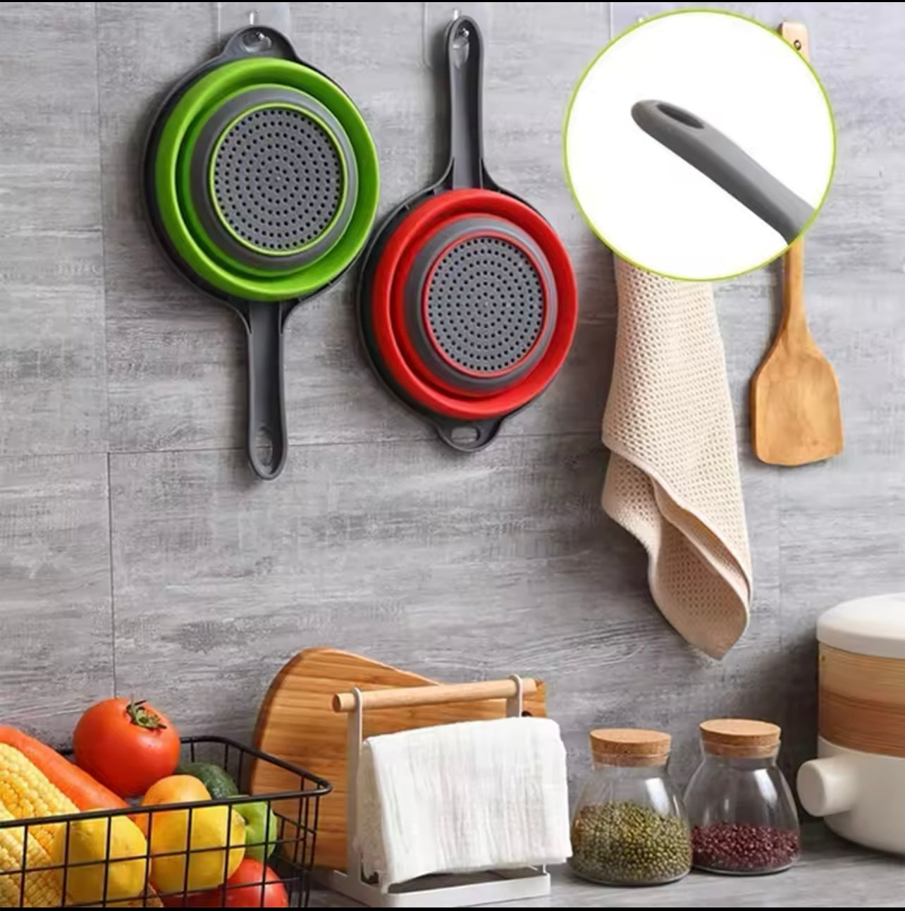مصفاة سيليكون قابلة للطي متعددة الأغراض - سلة غسيل الفواكه والخضروات آمنة للاستخدام في غسالة الأطباق