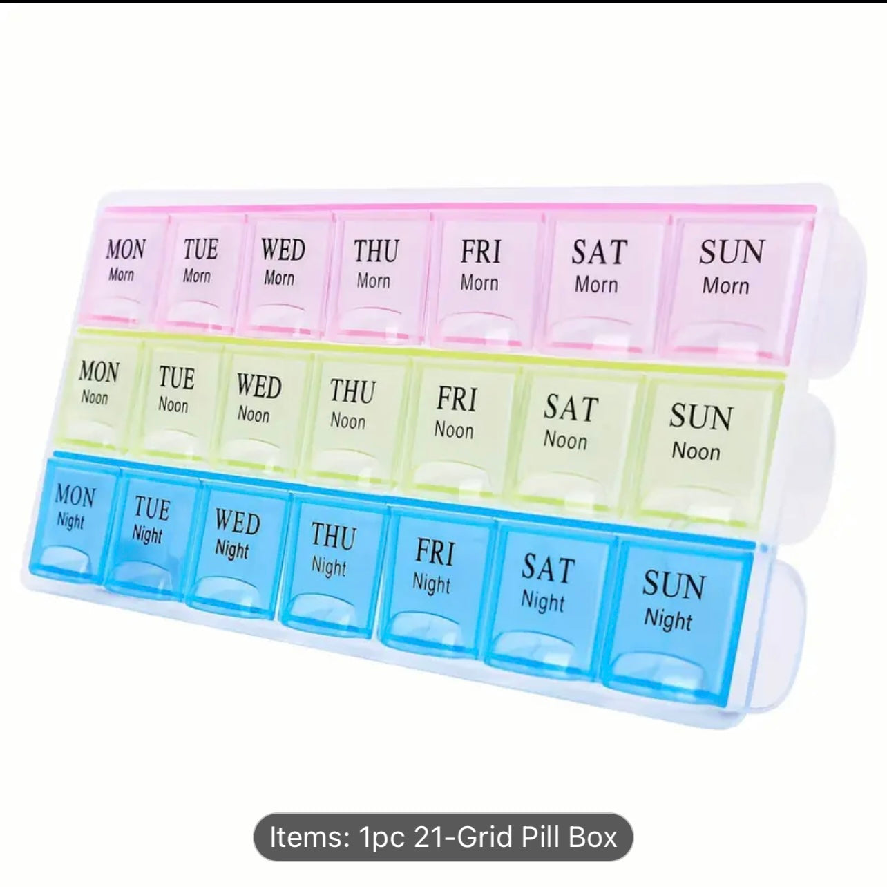 منظم حبوب منع الحمل لمدة 7 أيام مع غطاء قلاب - 21 حجرة وتصميم مرمز بالألوان