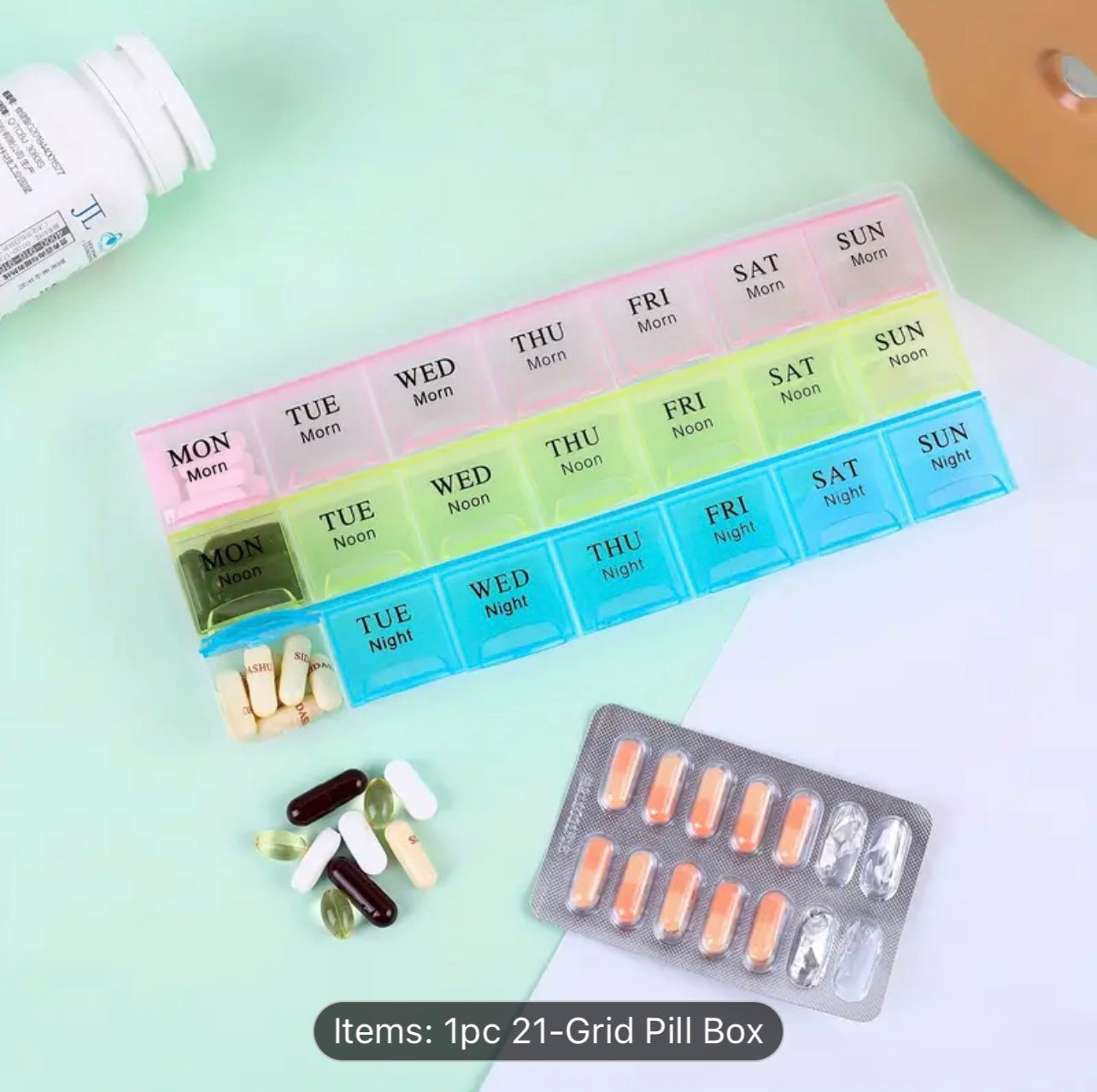 7-Day Pill Organizer with Flip Lid β 21 Compartments & Color-Coded Design