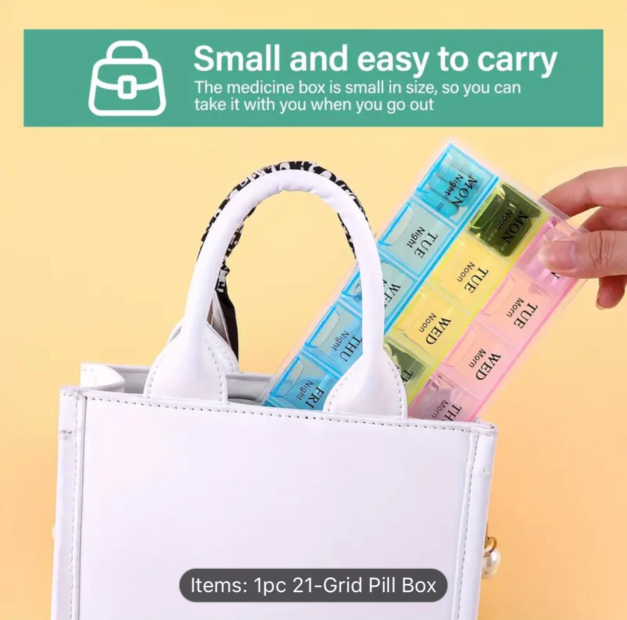 منظم حبوب منع الحمل لمدة 7 أيام مع غطاء قلاب - 21 حجرة وتصميم مرمز بالألوان