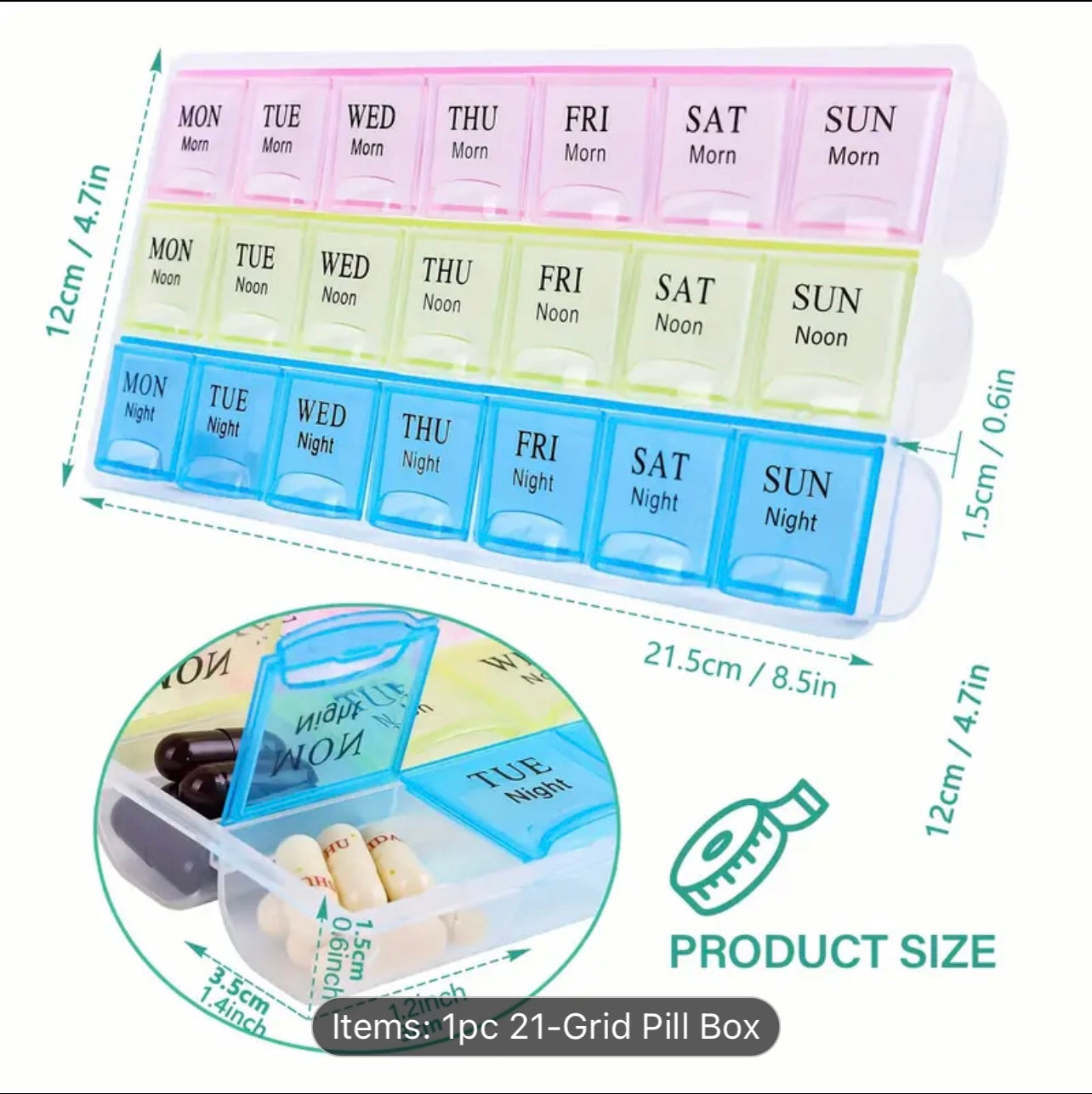 منظم حبوب منع الحمل لمدة 7 أيام مع غطاء قلاب - 21 حجرة وتصميم مرمز بالألوان