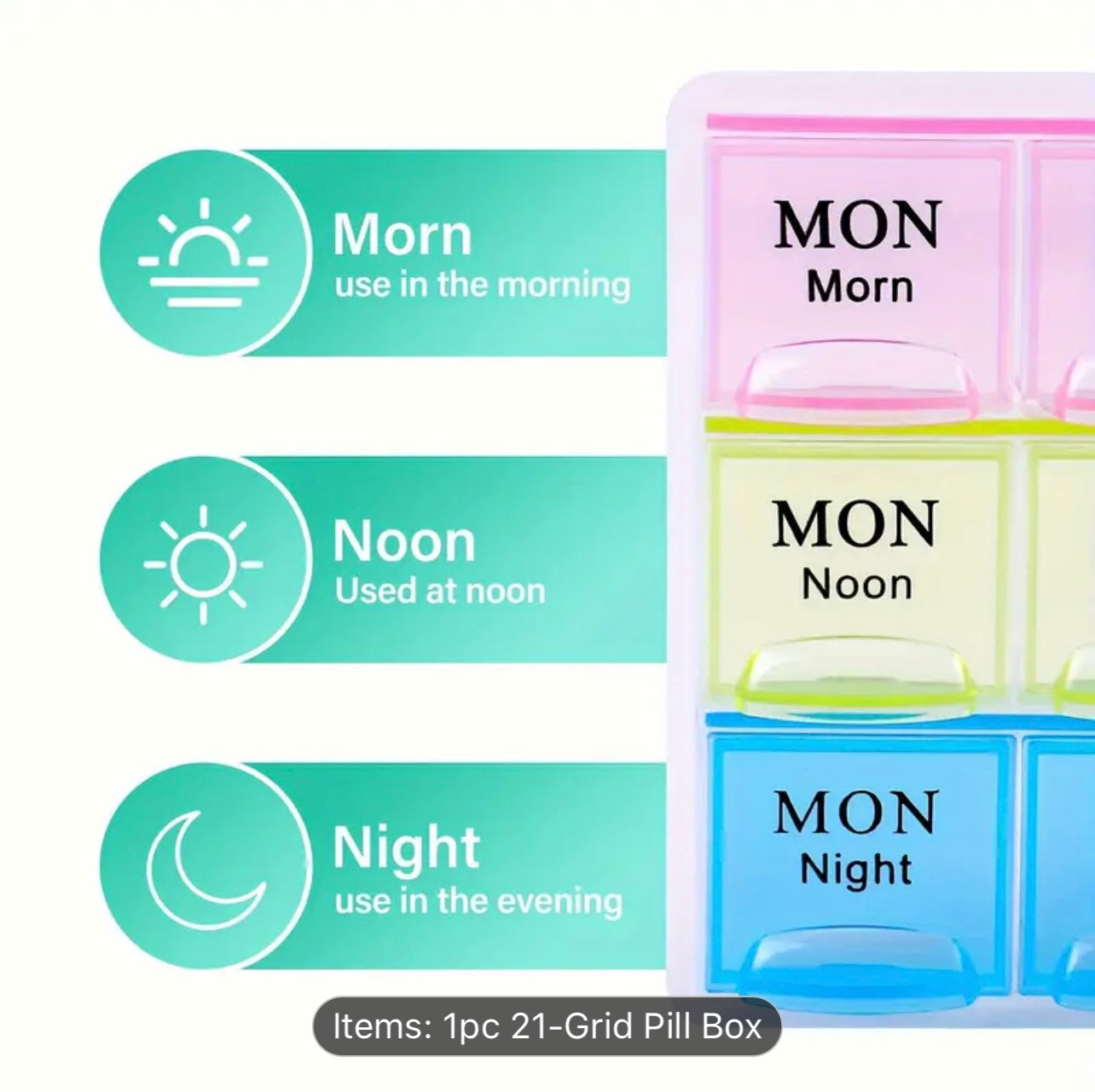 منظم حبوب منع الحمل لمدة 7 أيام مع غطاء قلاب - 21 حجرة وتصميم مرمز بالألوان