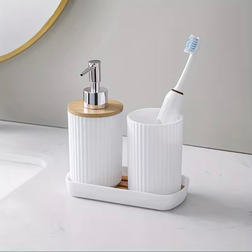 1 set of 3pcs bathroom toiletry set including a lotion bottle holder, toothbrush cup, and tray