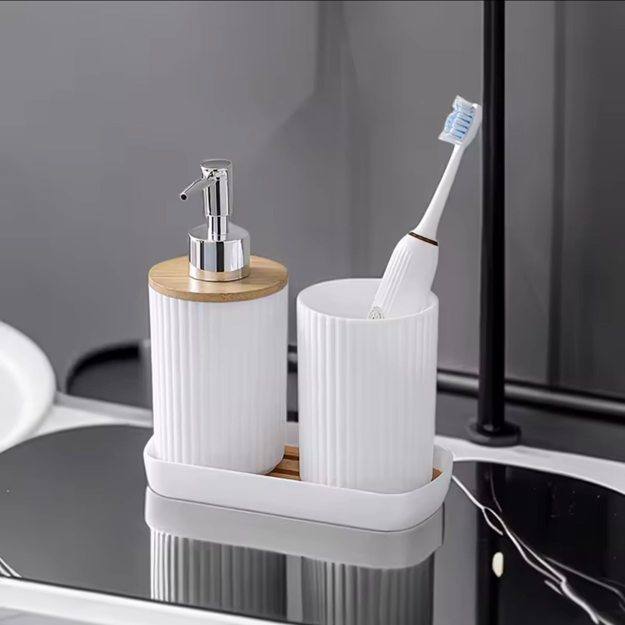 1 set of 3pcs bathroom toiletry set including a lotion bottle holder, toothbrush cup, and tray