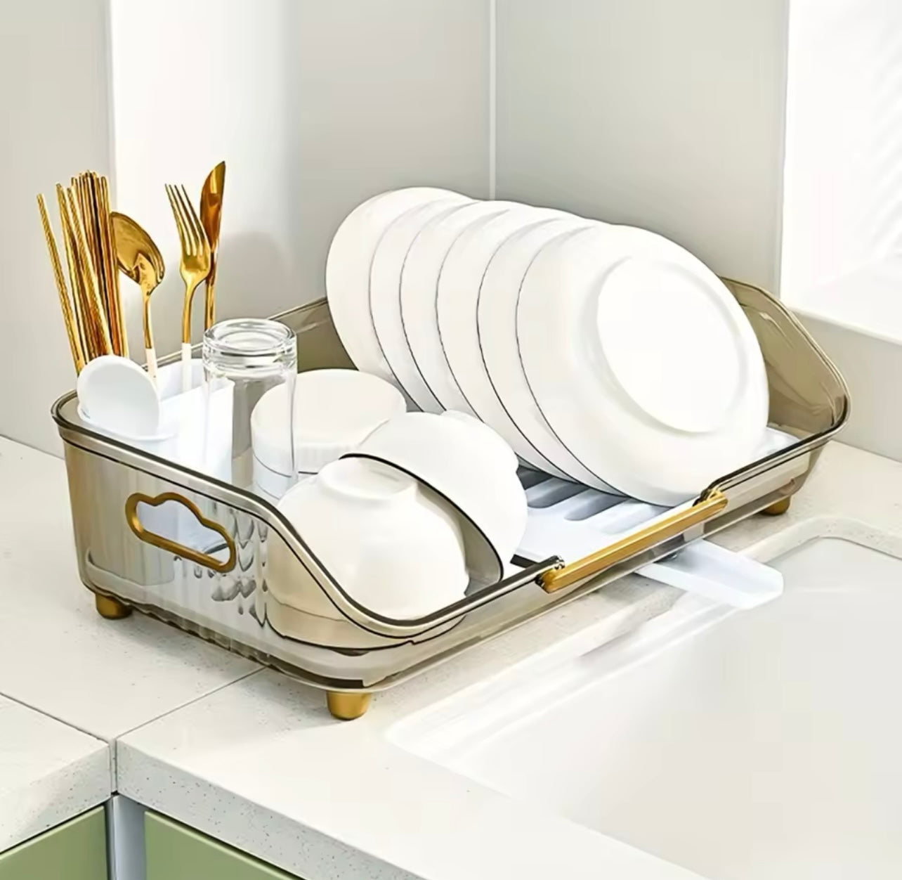Dish Drying Rack with Handle – Kitchen Counter Organizer with Drainboard & Utensil Holder