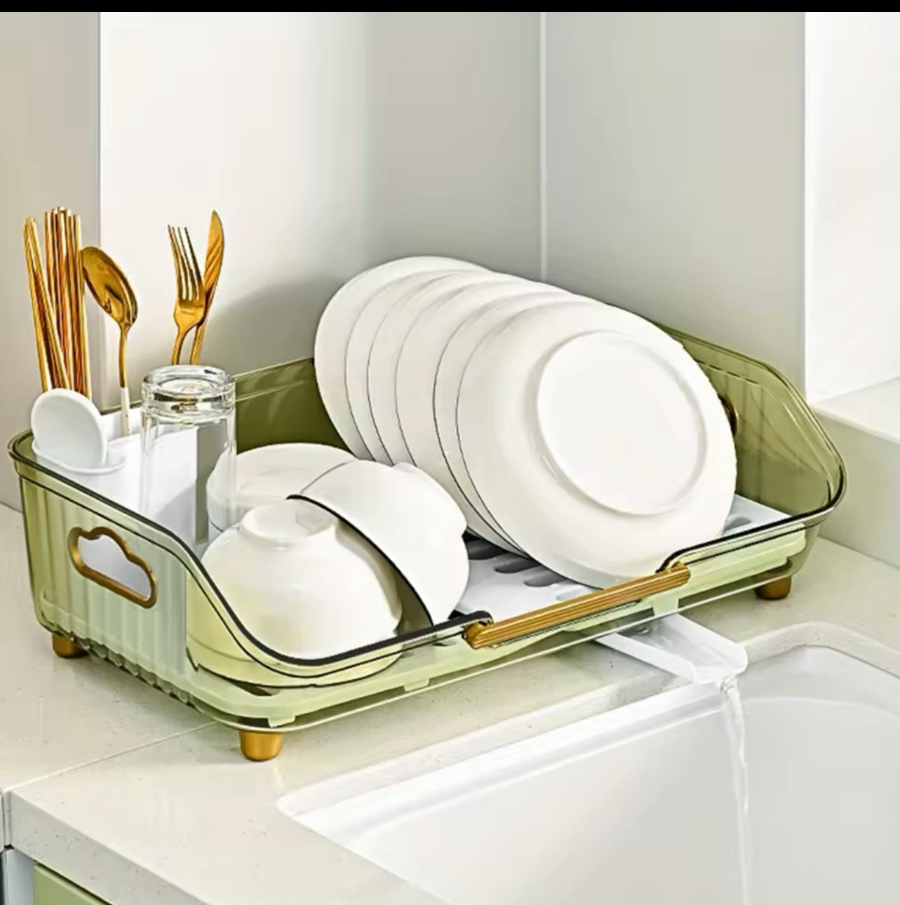 Dish Drying Rack with Handle – Kitchen Counter Organizer with Drainboard & Utensil Holder