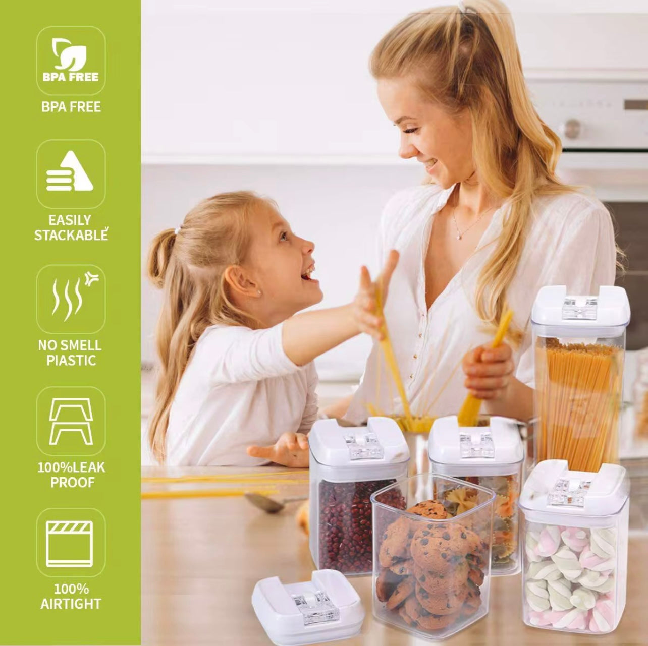 5-Piece Airtight Food Storage Container Set with Flip-Top Lids – Square Reusable Kitchen Canisters for Pantry Organization