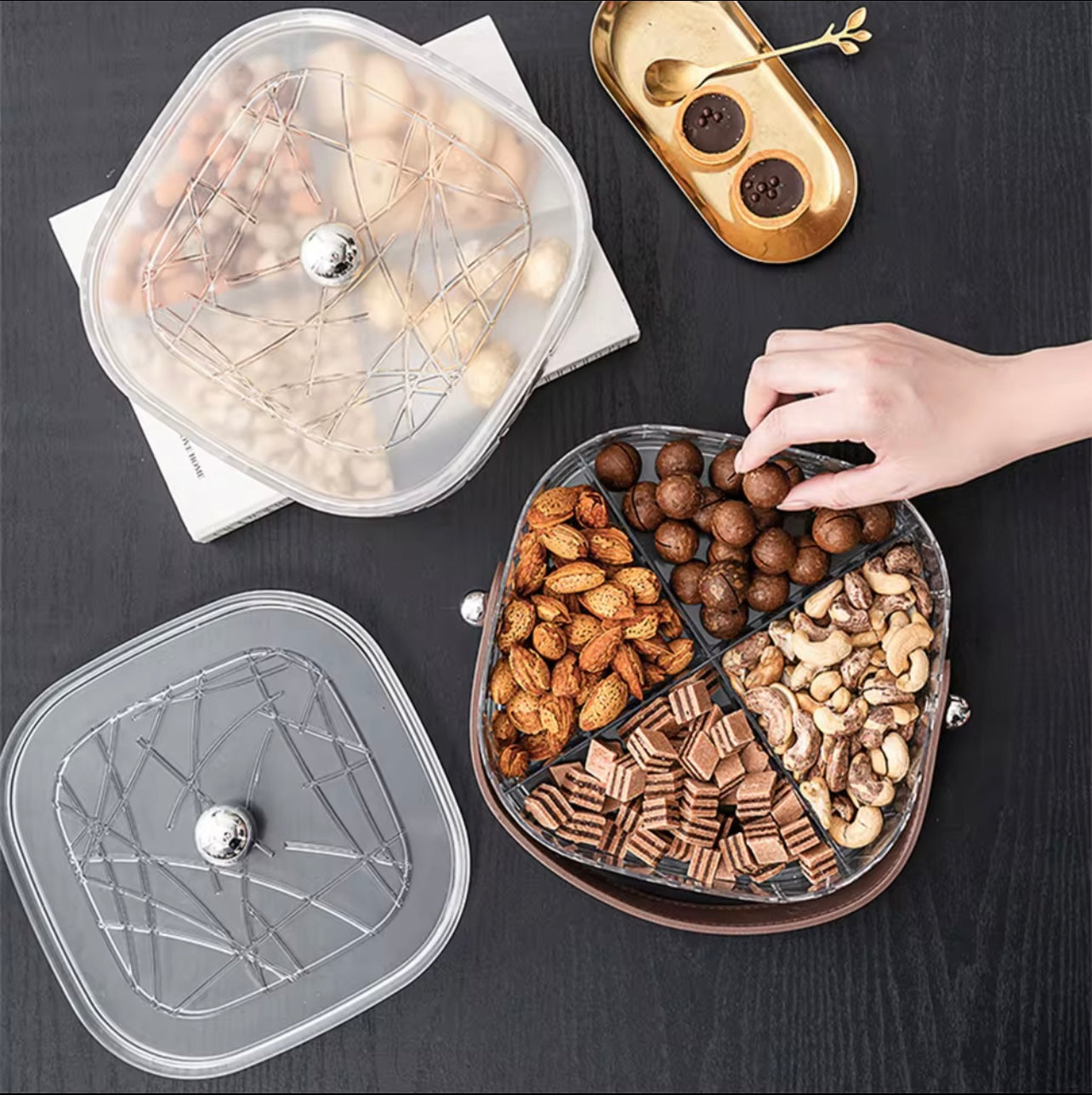 طبق تقديم الفواكه المجففة والوجبات الخفيفة مع مقبض - صينية مقبلات متعددة الأقسام