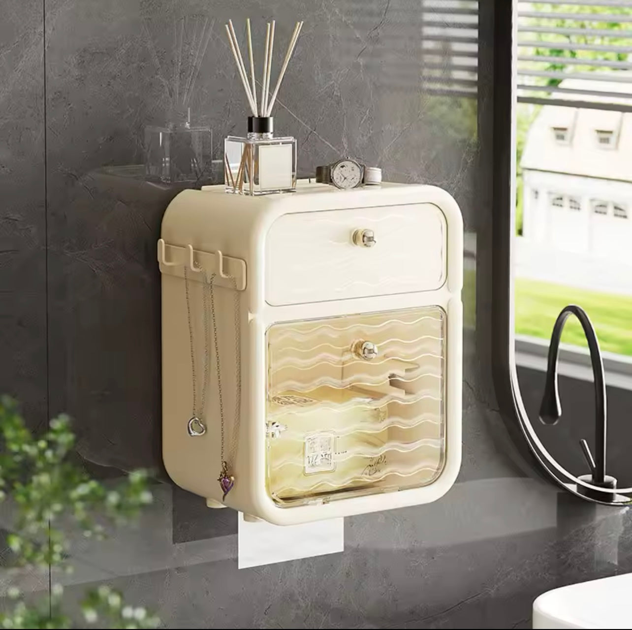 Wall-Mounted Bathroom Organizer – Waterproof Tissue Box, Drawer & Hooks