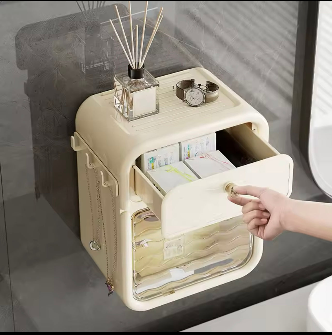 منظم الحمام المثبت على الحائط - صندوق مناديل مقاوم للماء ودرج وخطافات