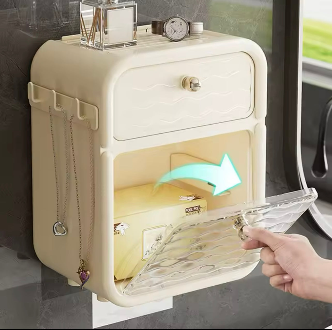 منظم الحمام المثبت على الحائط - صندوق مناديل مقاوم للماء ودرج وخطافات