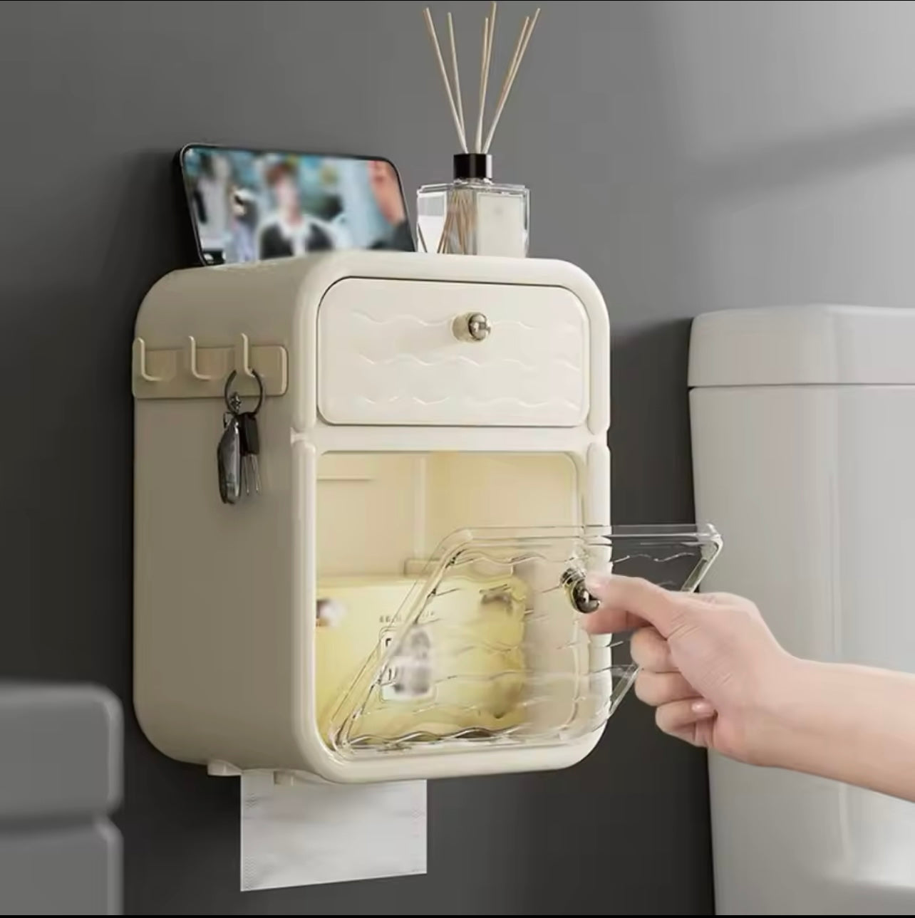 منظم الحمام المثبت على الحائط - صندوق مناديل مقاوم للماء ودرج وخطافات