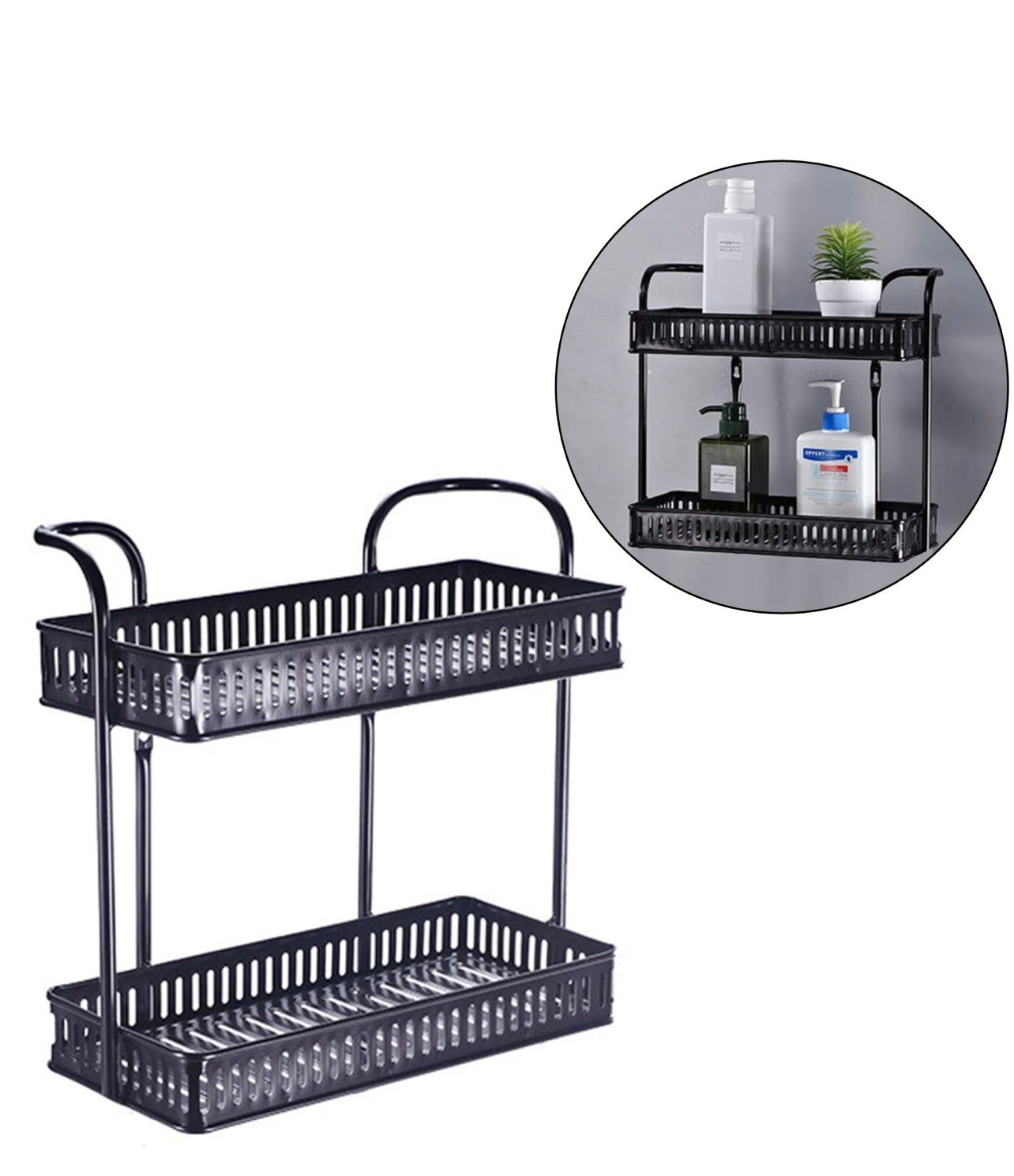 2 Tiers Shower Basket Shelf Wall Mounted Detachable Bathroom Rack Kitchen Spice Basket