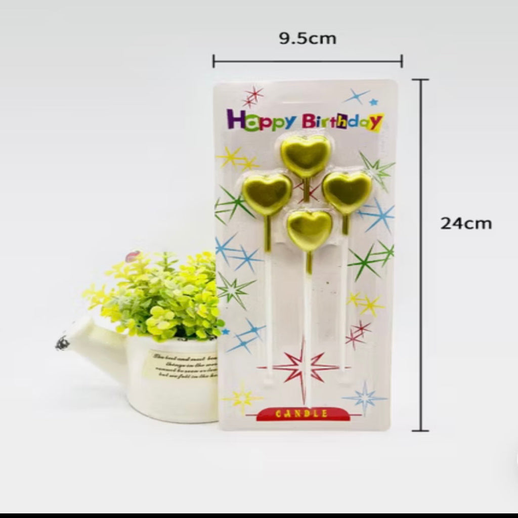 4-Pack Heart-Shaped Cupcake Candles – Red, Silver & Gold Dessert Toppers