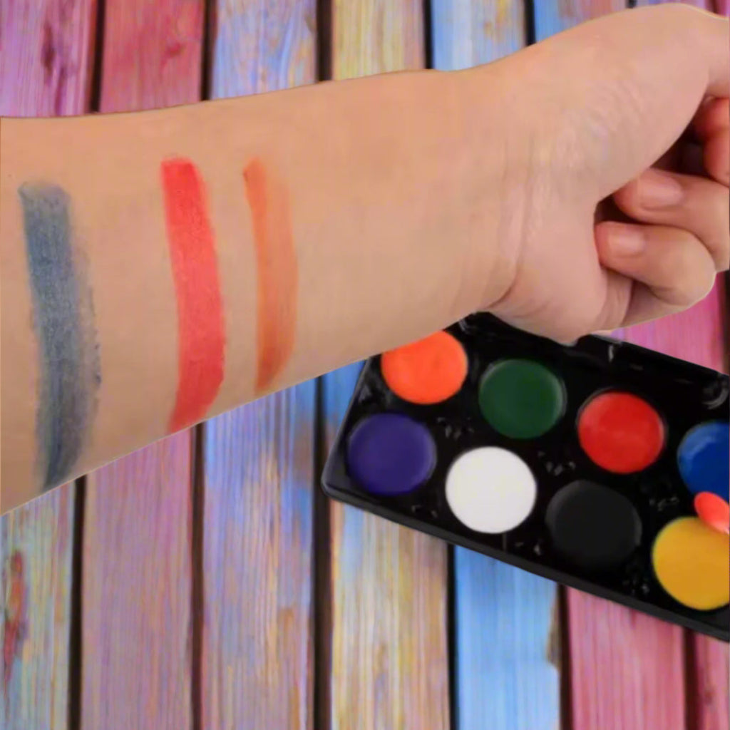 8-Color Fluorescent Face Painting Palette β Water-Activated with Brushes & Stencils