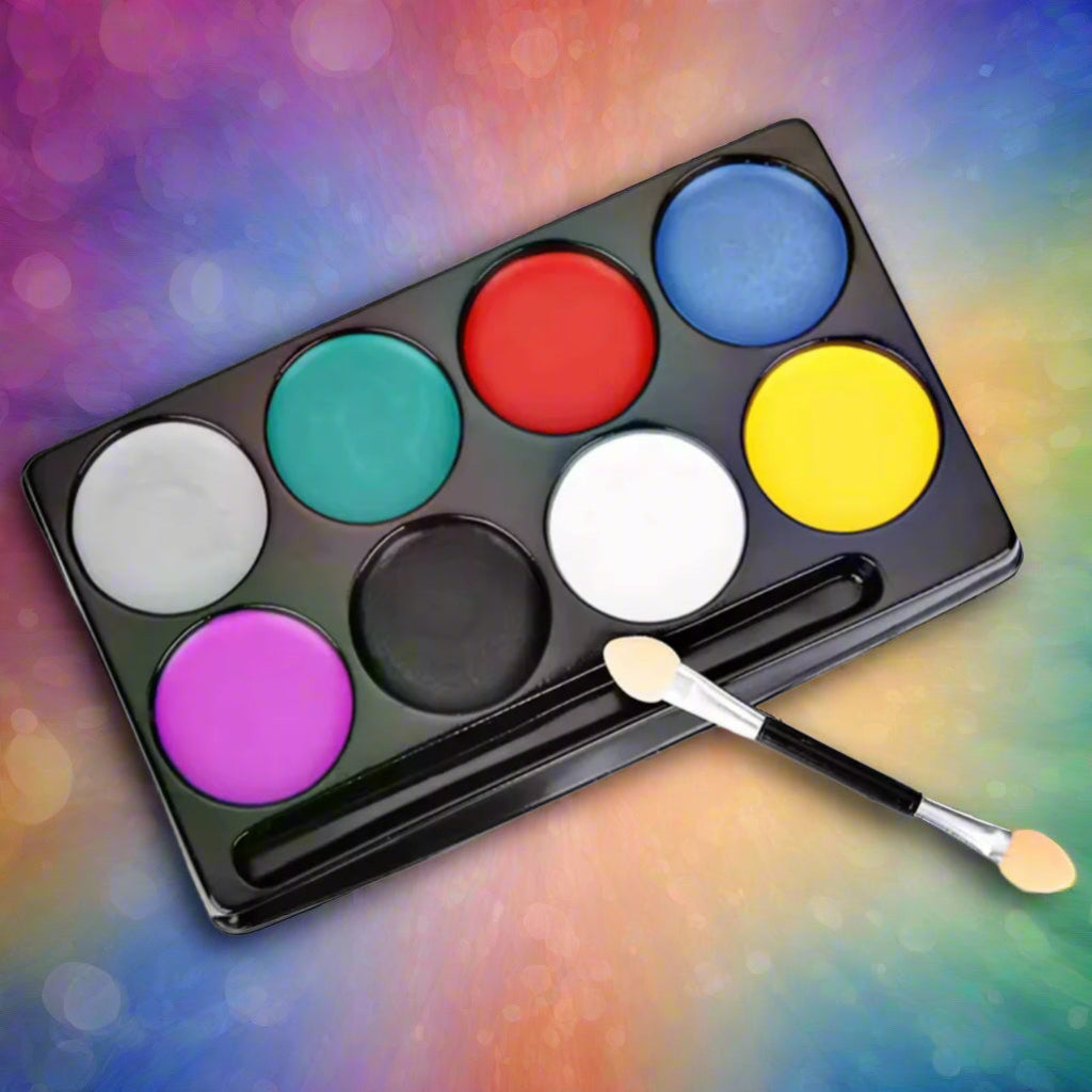 8-Color Fluorescent Face Painting Palette – Water-Activated with Brushes & Stencils