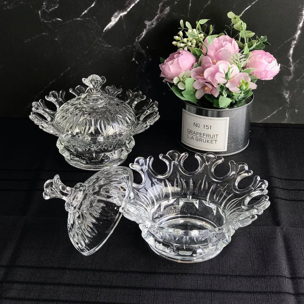 وعاء حلوى زجاجي شفاف بغطاء - لتخزين الحلوى وسلطة الفاكهة على شكل زهرة