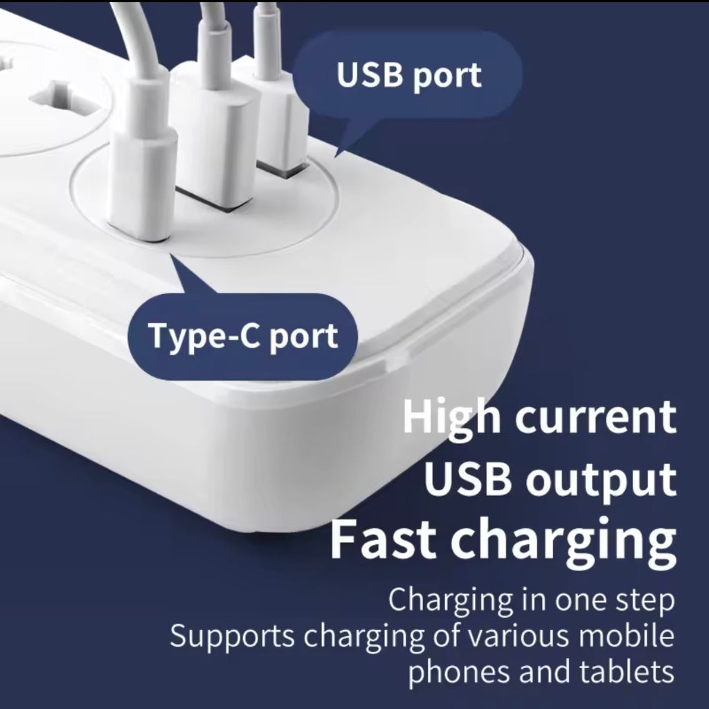 Power Strip with 4 Sockets – 2 USB-A & 1 USB-C Ports, 220V-240V, 2m Cable, UK Plug