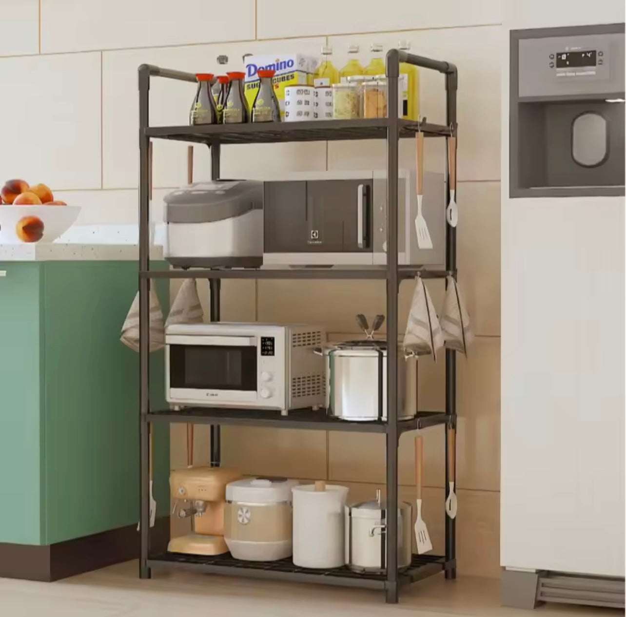 4-Tier Black & White Storage Rack โ Adjustable Multi-Functional Shelf for Kitchen, Bathroom, and Bedroom