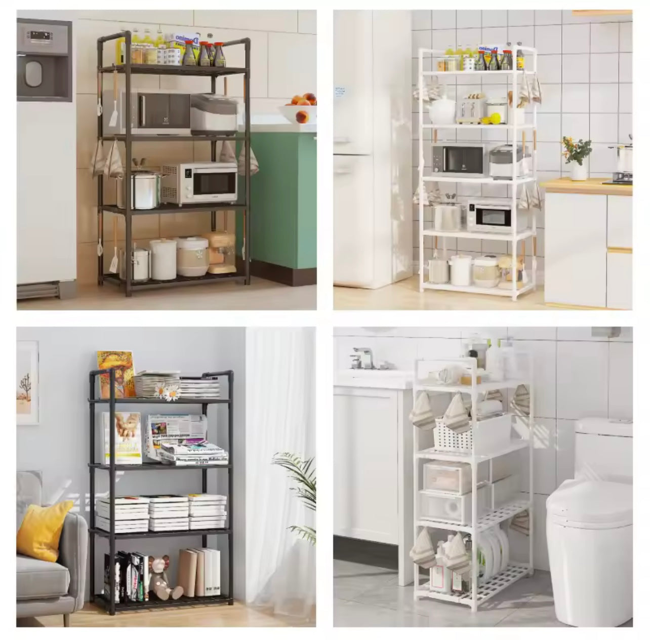 4-Tier Black & White Storage Rack โ Adjustable Multi-Functional Shelf for Kitchen, Bathroom, and Bedroom